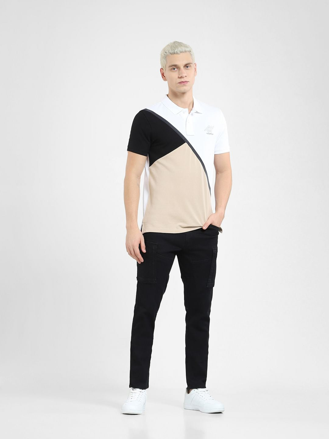 White Colourblocked Polo T-shirt