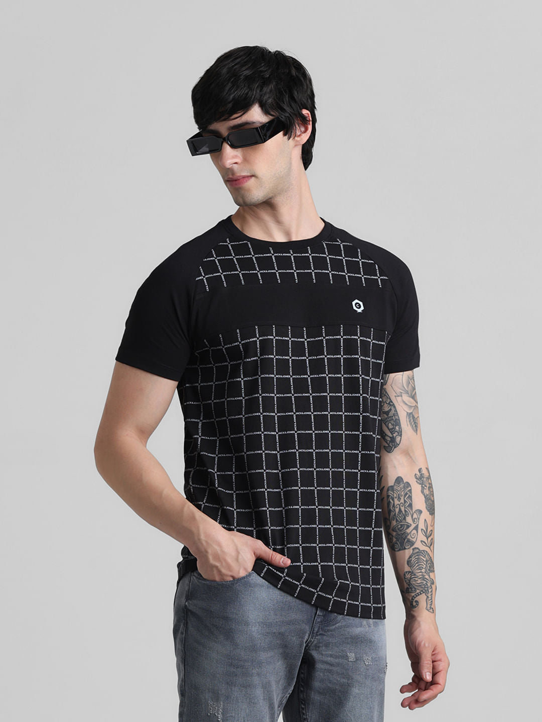 Black Logo Check Print T-shirt - S