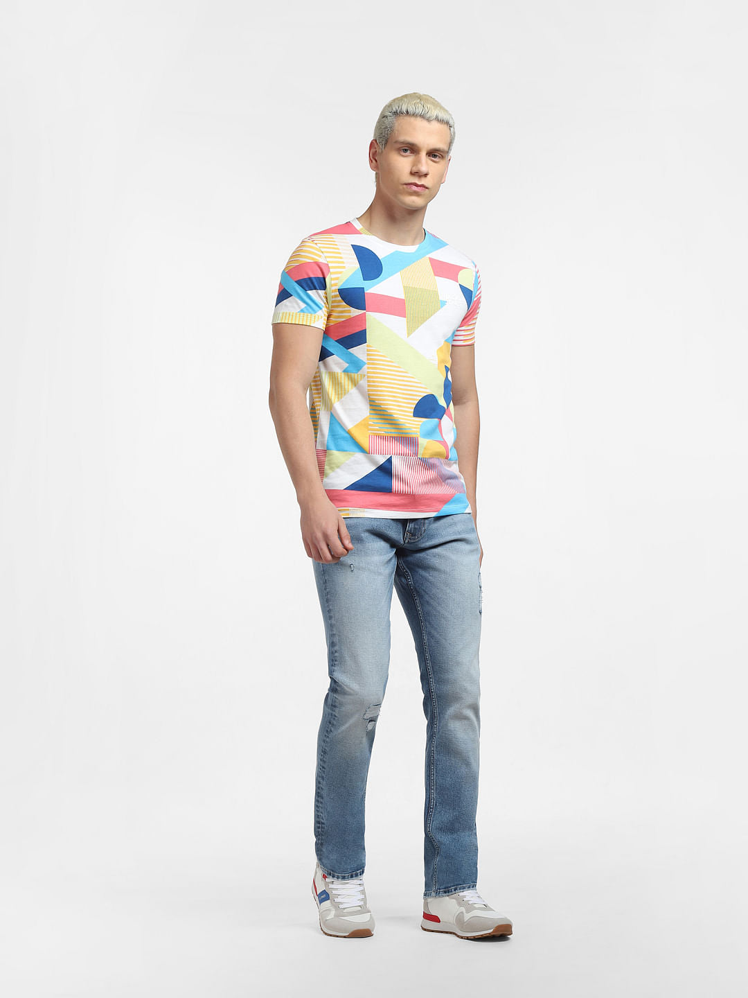 White Colourblocked Crew Neck T-shirt