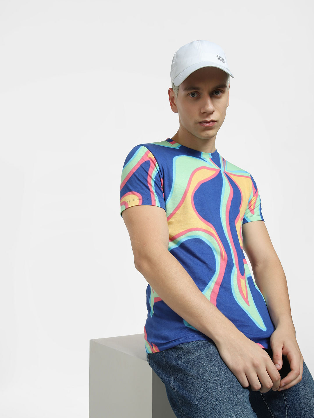Blue Printed Crew Neck T-shirt - L