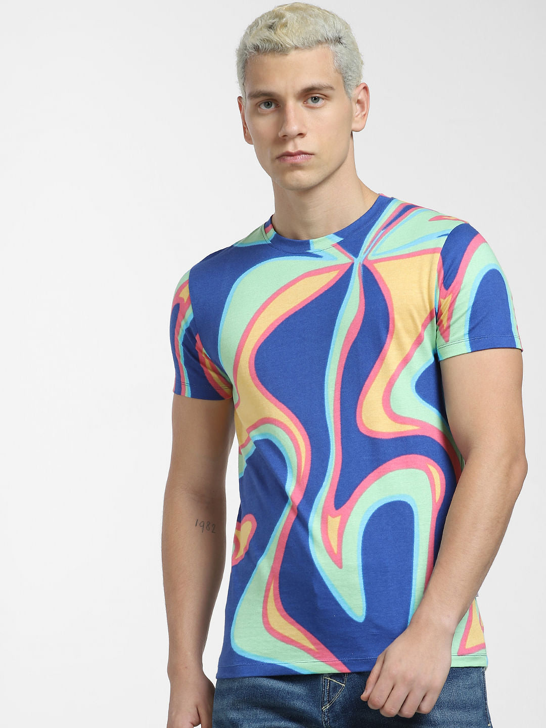 Blue Printed Crew Neck T-shirt