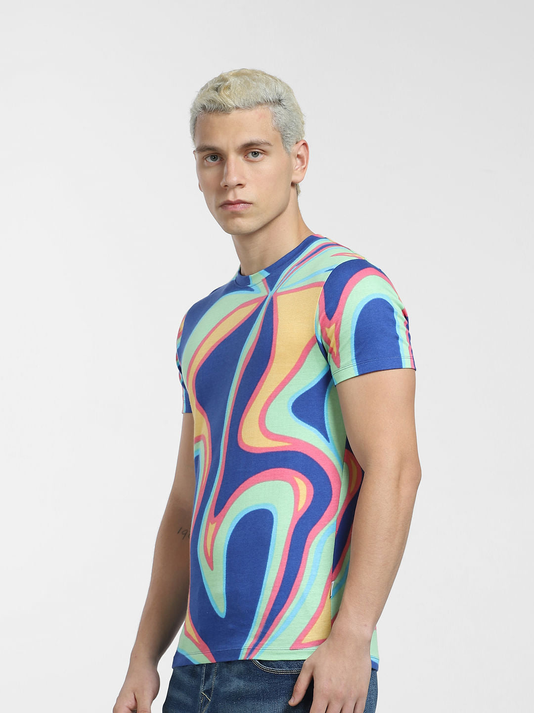 Blue Printed Crew Neck T-shirt