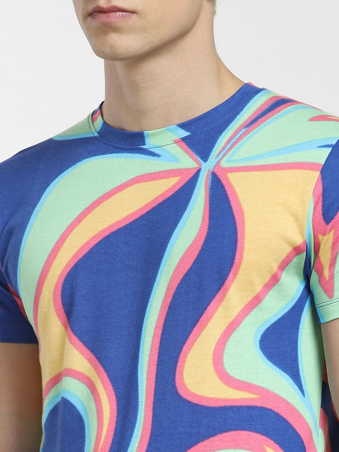 Blue Printed Crew Neck T-shirt