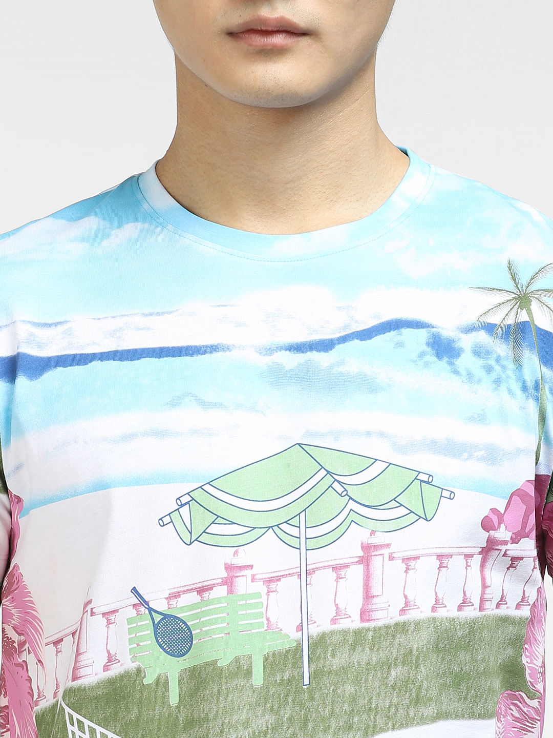 Blue Printed Crew Neck T-shirt