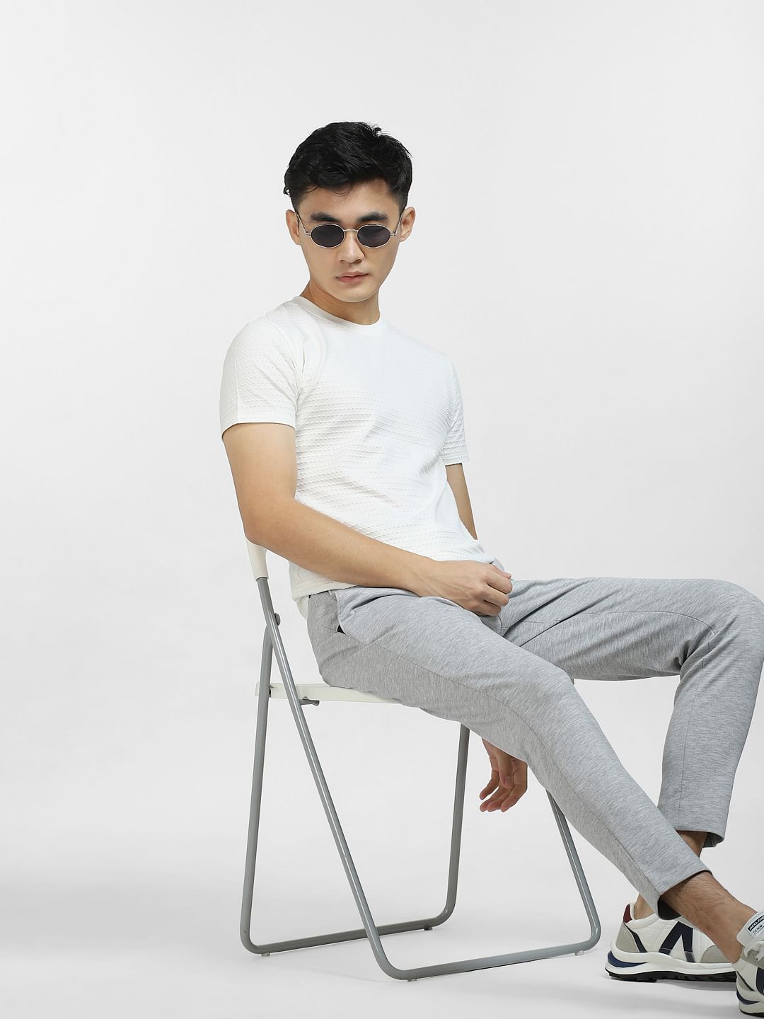 White Self-Design Crew Neck T-shirt - S