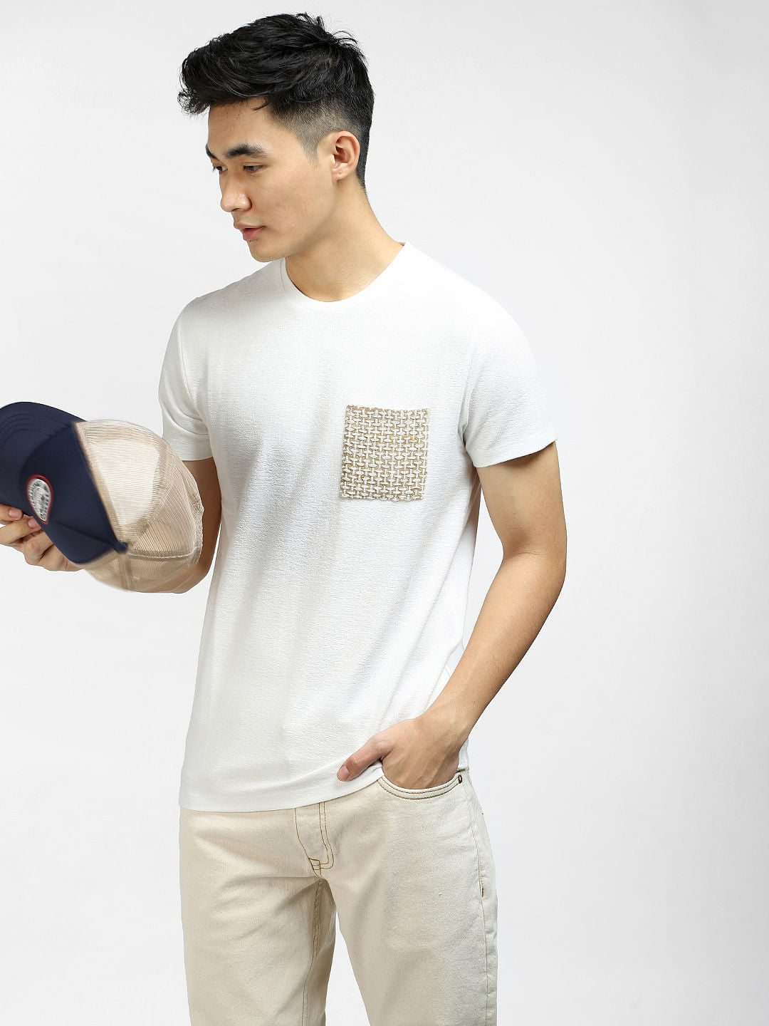 White Printed Pocket Crew Neck T-shirt