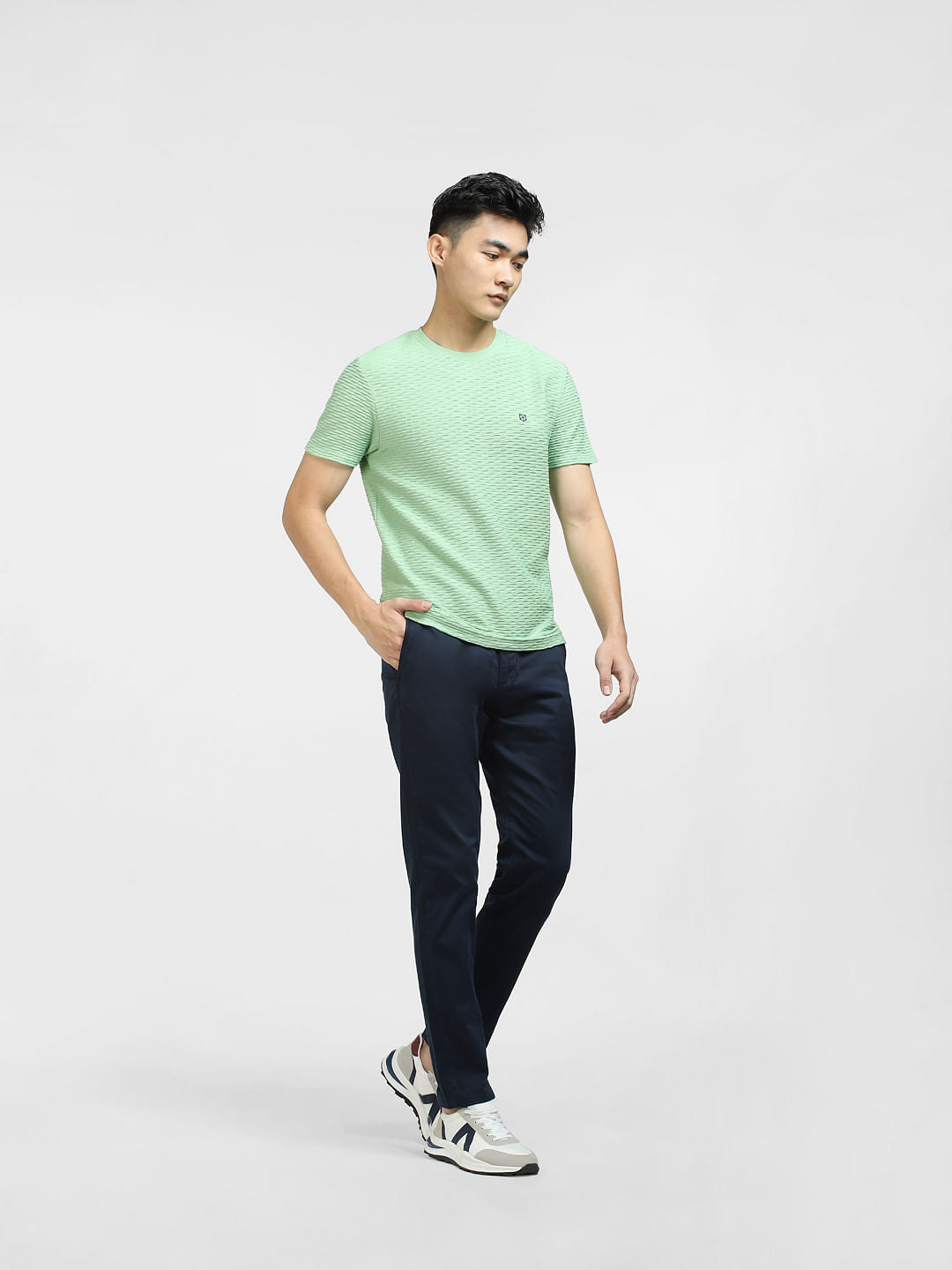 Green Self-Design Crew Neck T-shirt