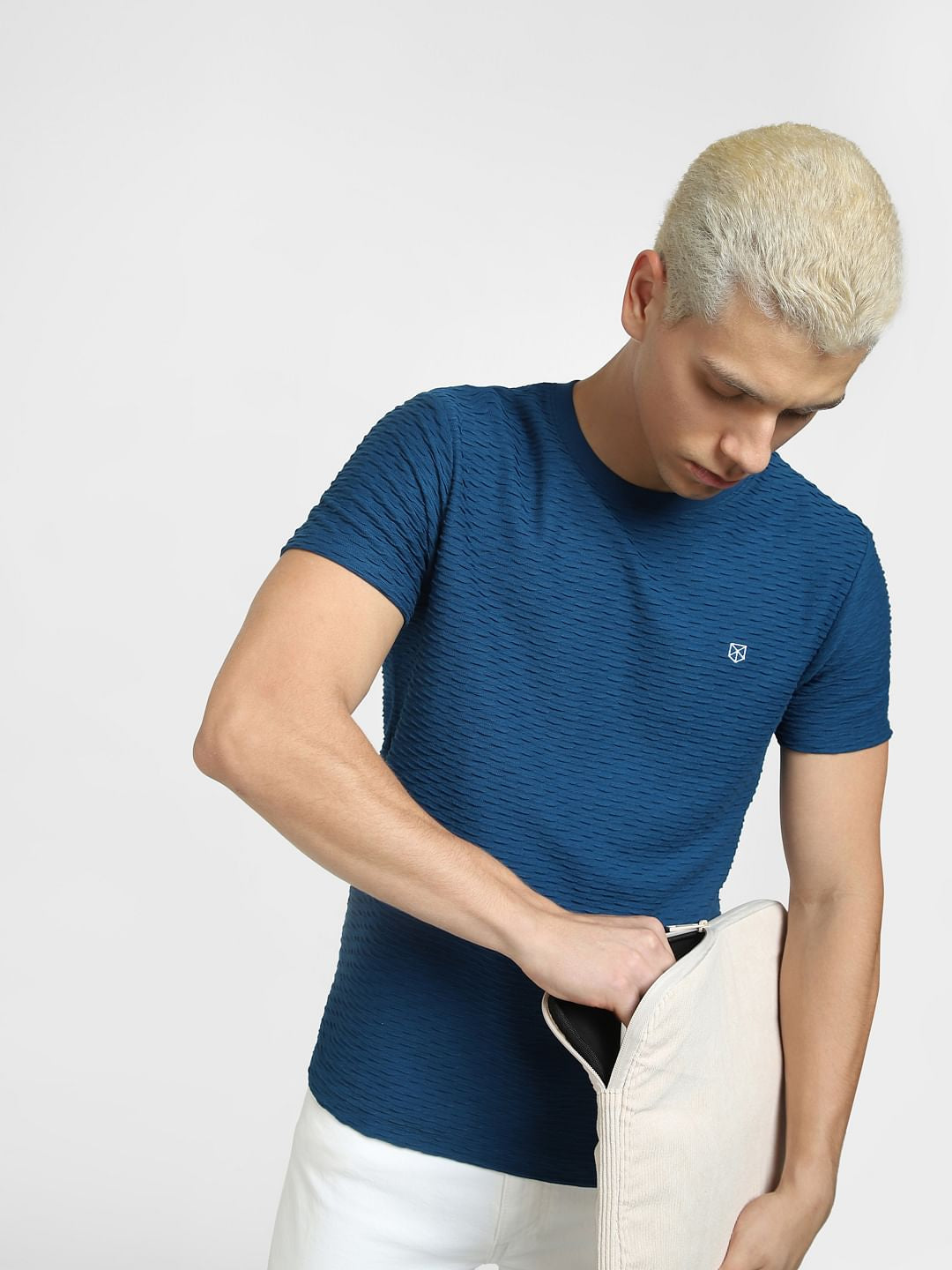 Dark Blue Self-Design Crew Neck T-shirt - S
