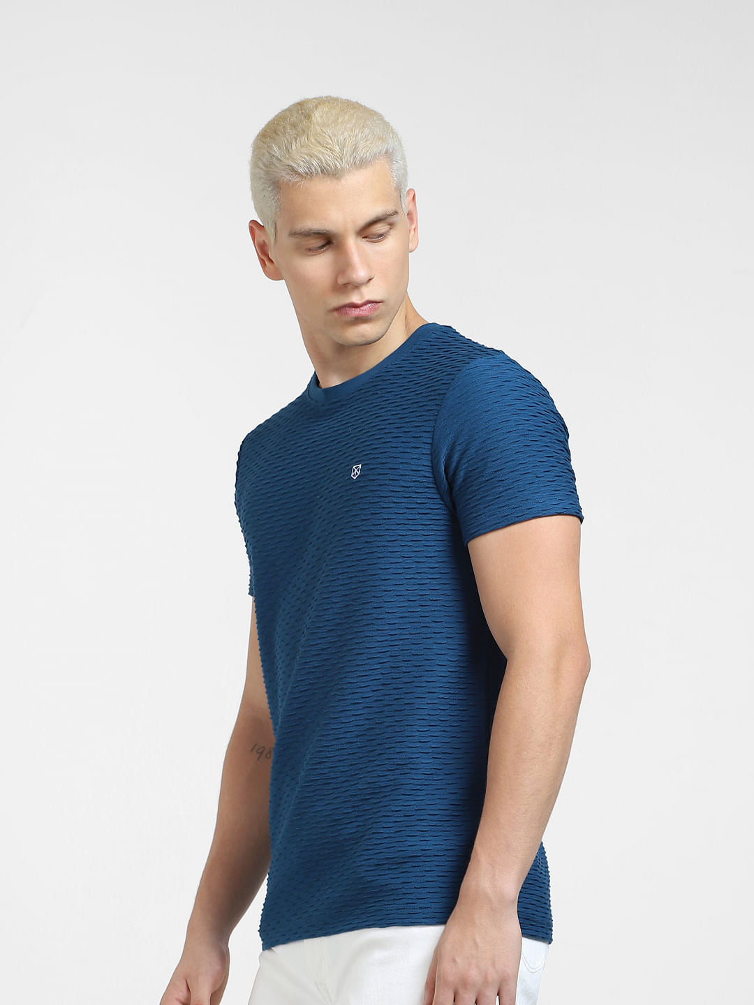 Dark Blue Self-Design Crew Neck T-shirt