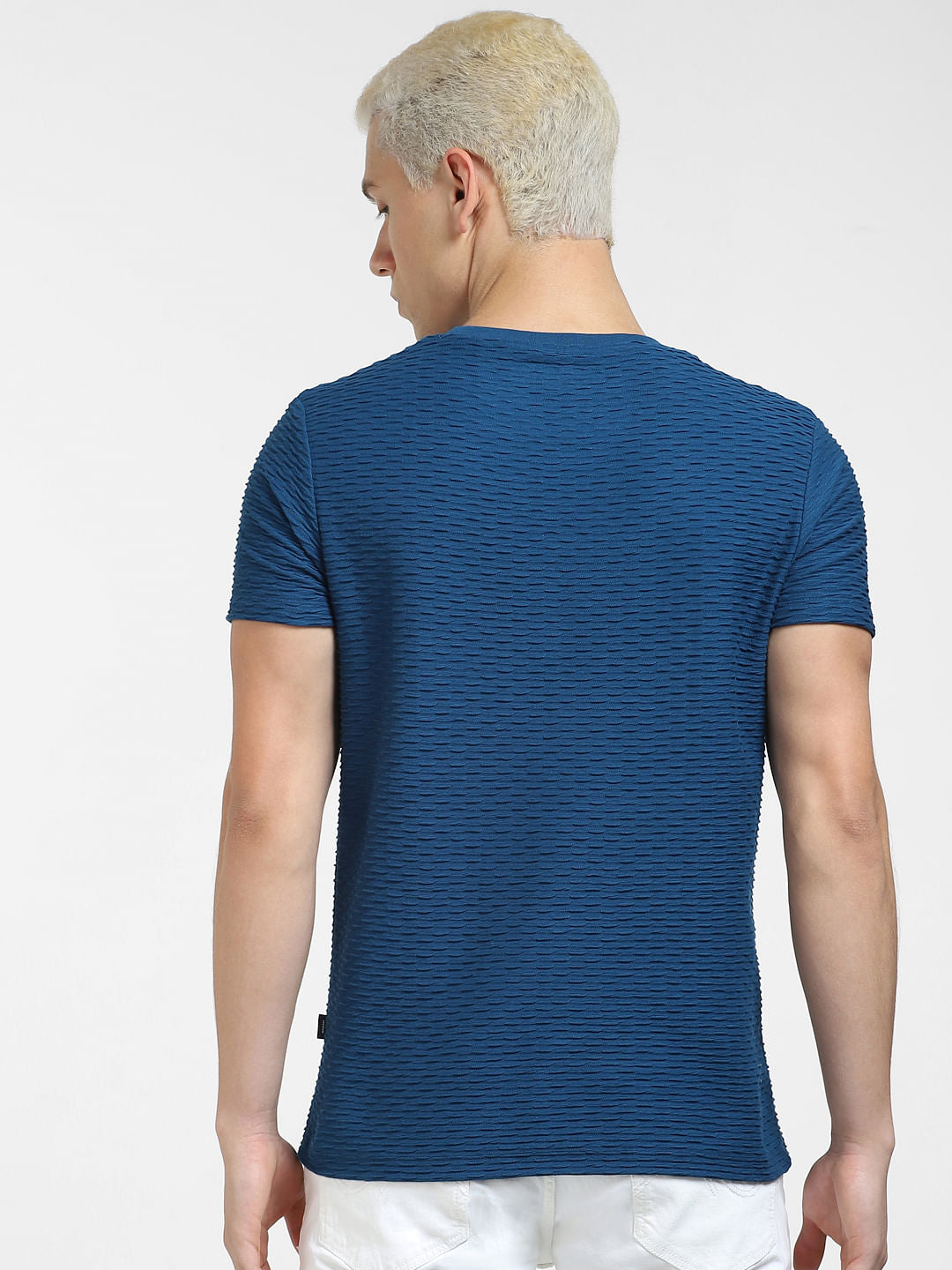Dark Blue Self-Design Crew Neck T-shirt