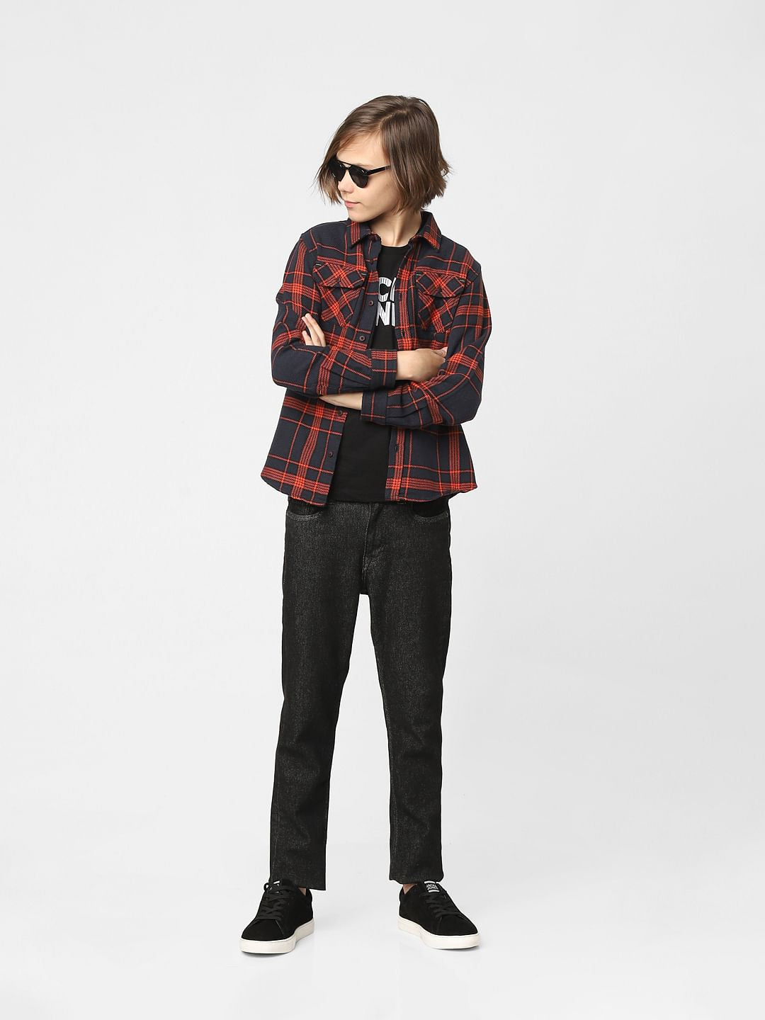 Boys Navy Blue Check Full Sleeves Shirt - 9/10Y