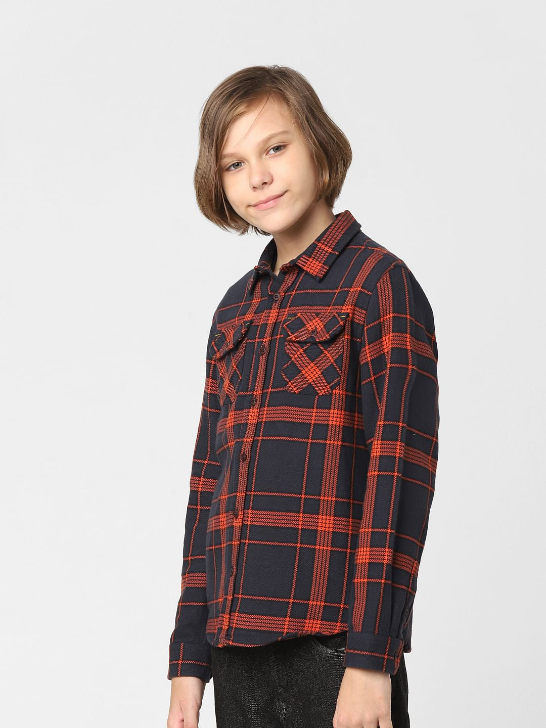 Boys Navy Blue Check Full Sleeves Shirt
