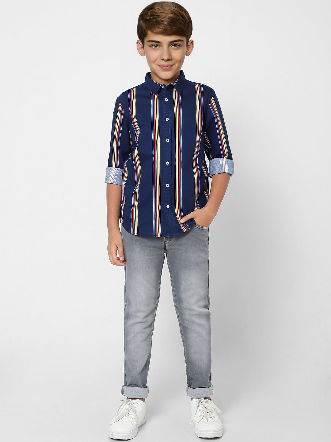 Boys Blue Striped Full Sleeves Shirt - 4/5Y