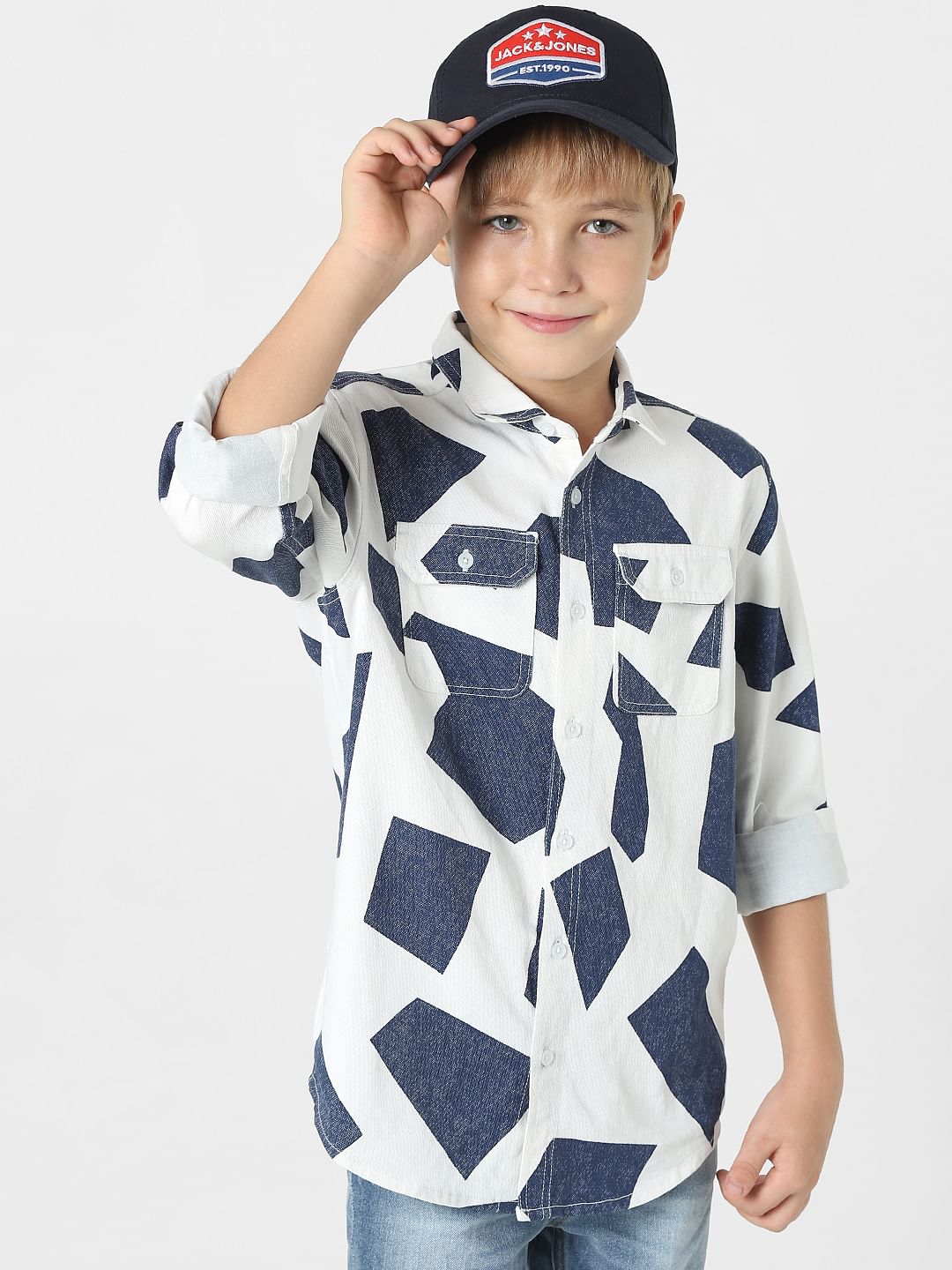 Boys White Patch Print Full Sleeves Shirt - 9/10Y