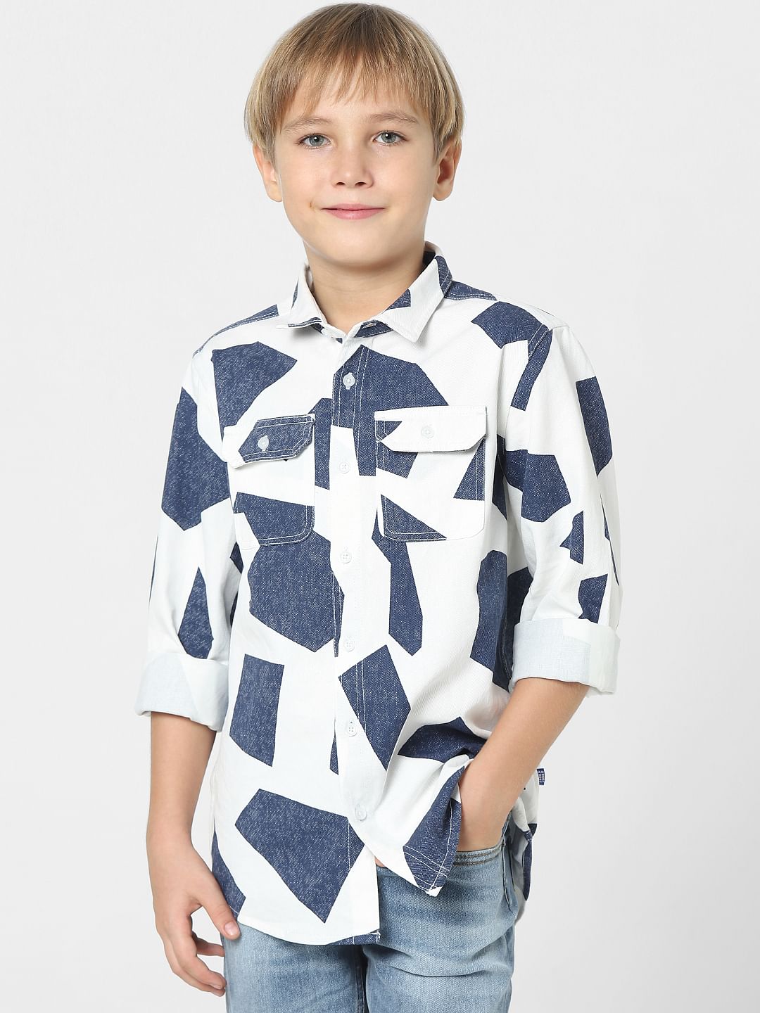Boys White Patch Print Full Sleeves Shirt