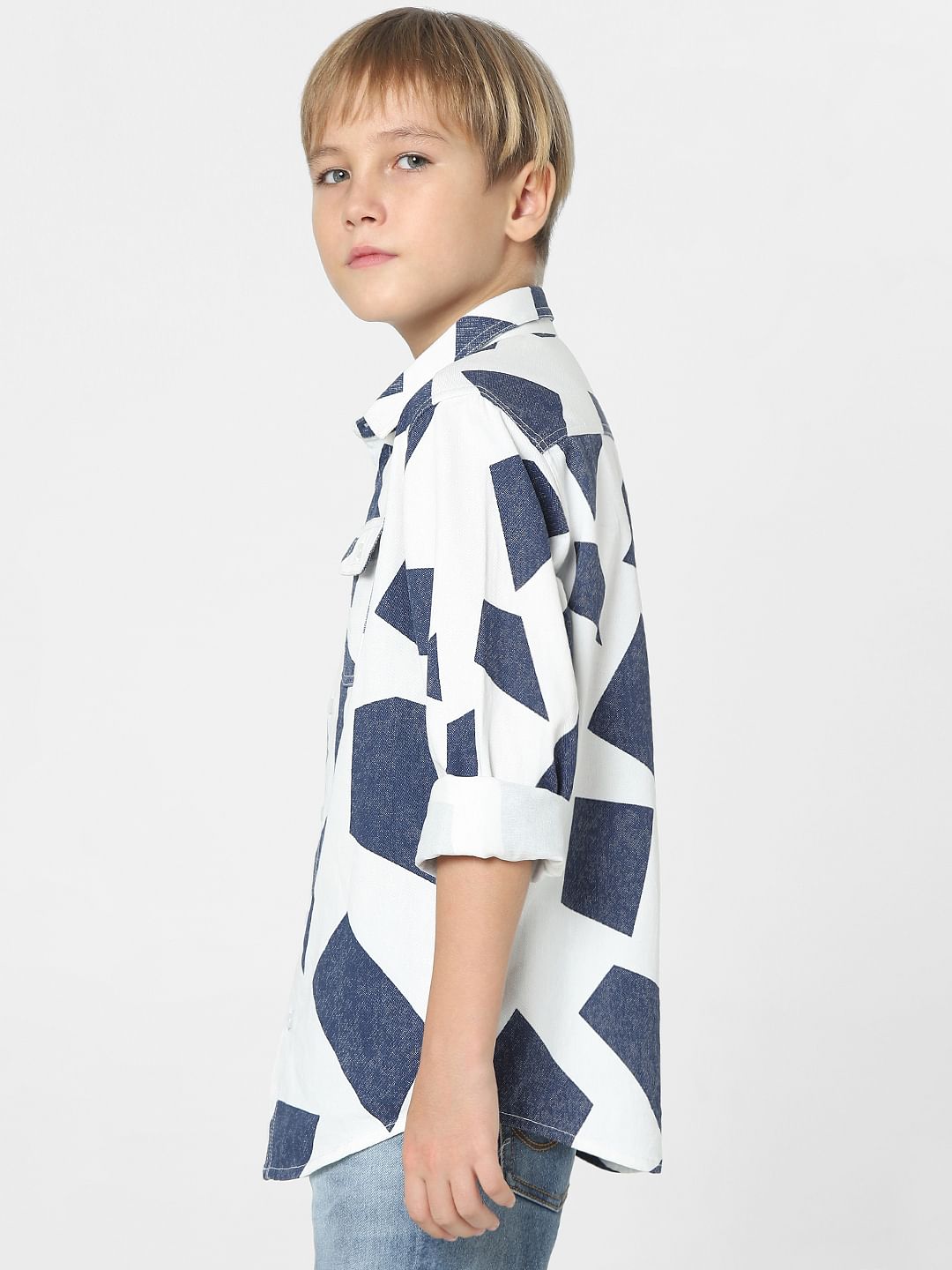 Boys White Patch Print Full Sleeves Shirt