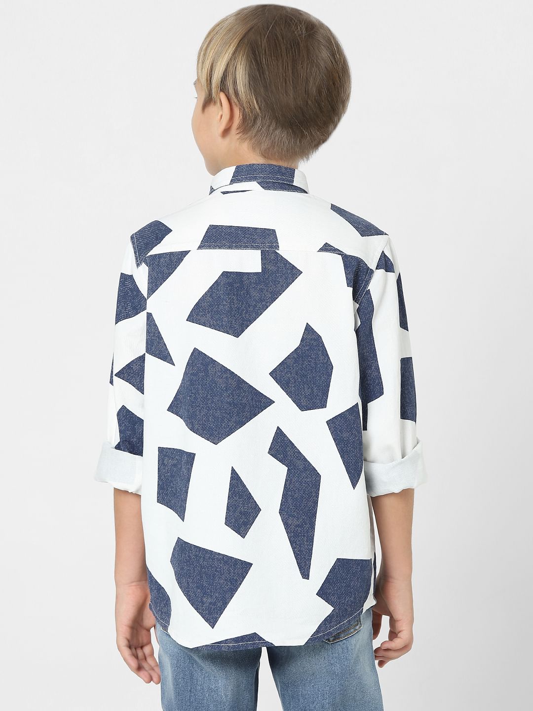 Boys White Patch Print Full Sleeves Shirt