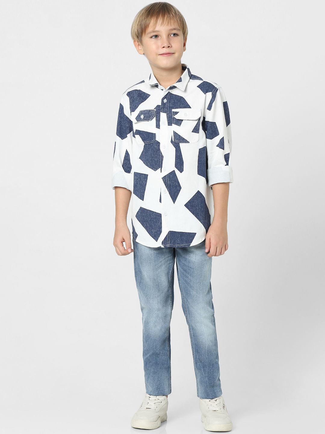 Boys White Patch Print Full Sleeves Shirt