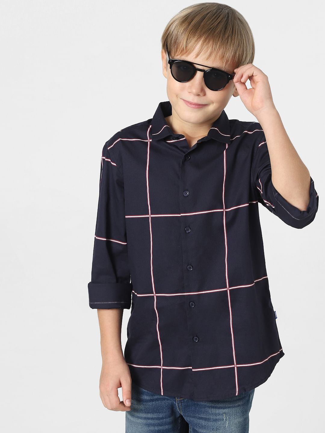 Boys Navy Blue Check Full Sleeves Shirt - 9/10Y