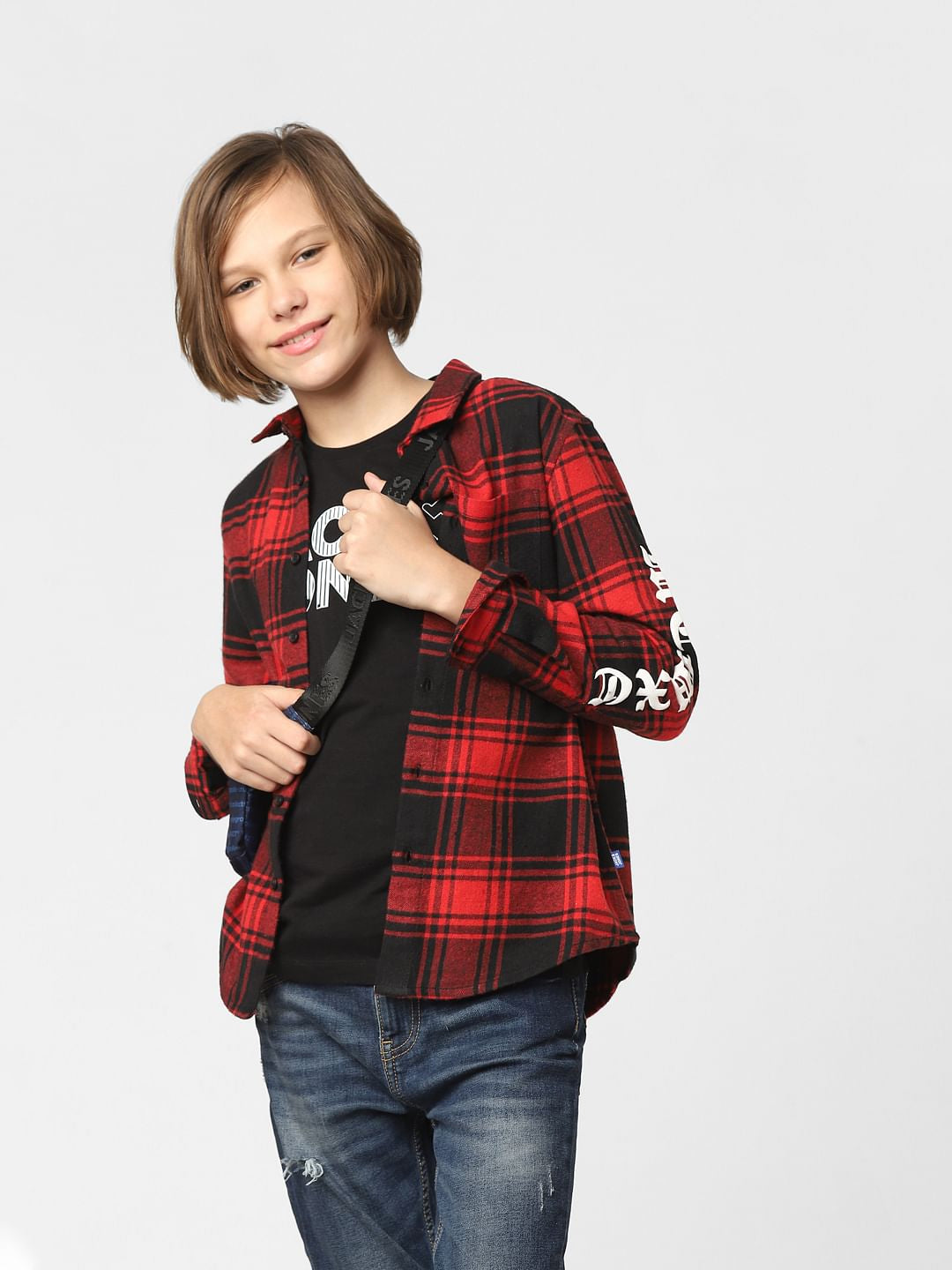 Boys Red Check Full Sleeves Shirt - 9/10Y