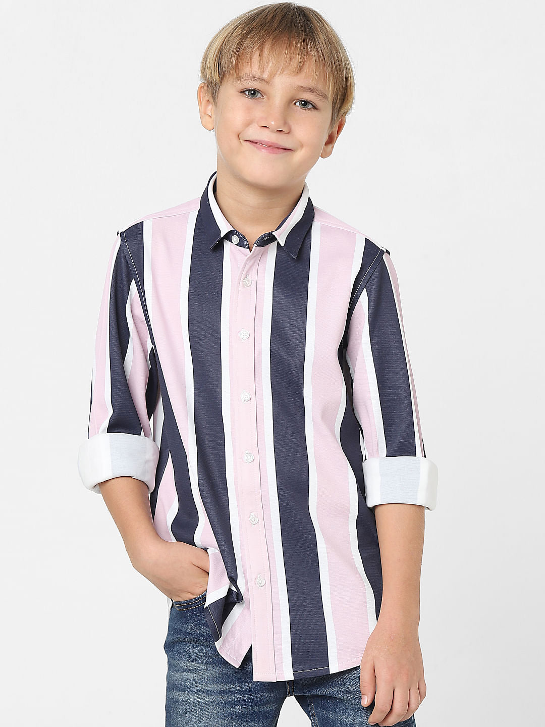 Boys Peach Striped Full Sleeves Shirt