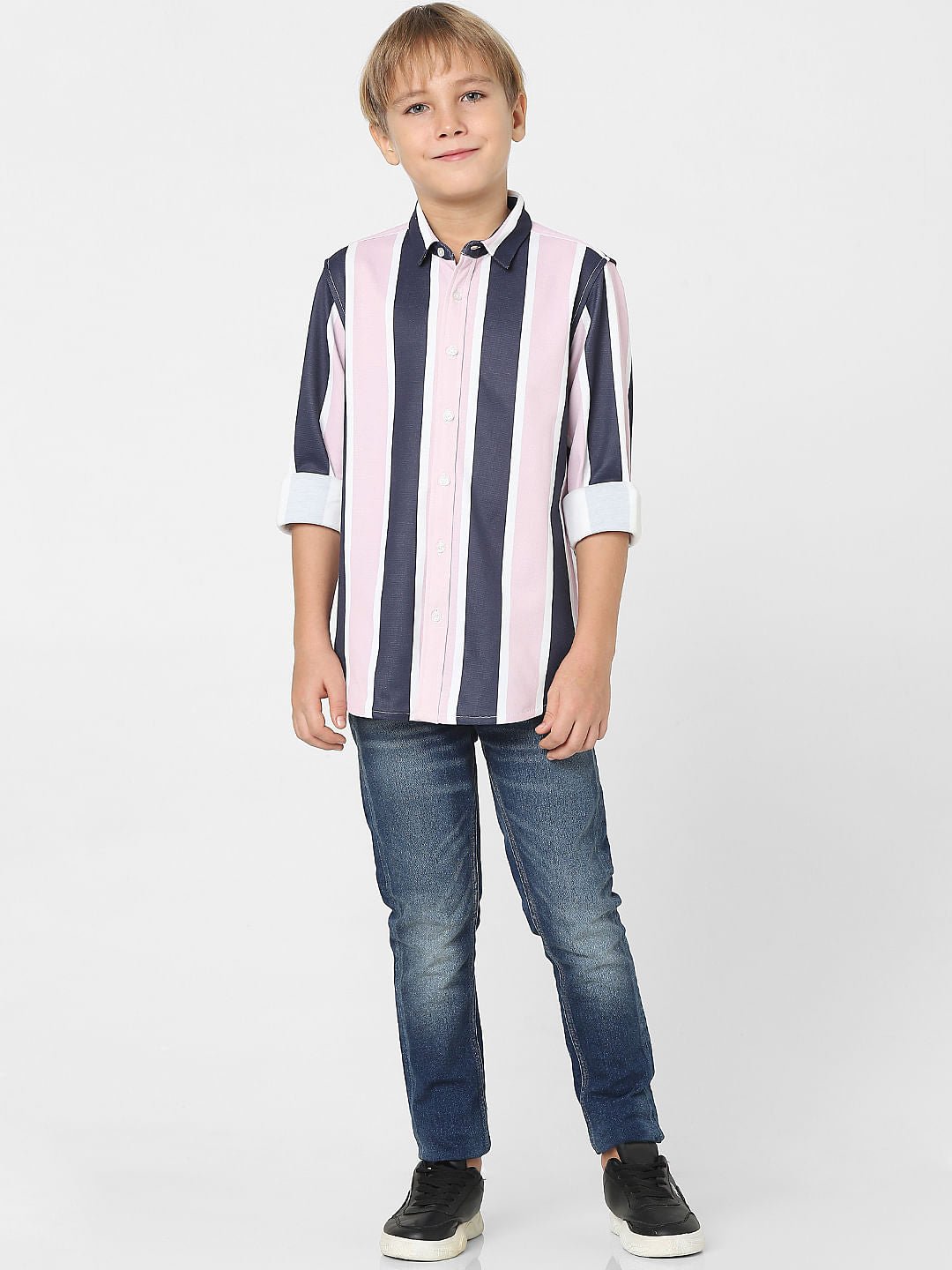 Boys Peach Striped Full Sleeves Shirt