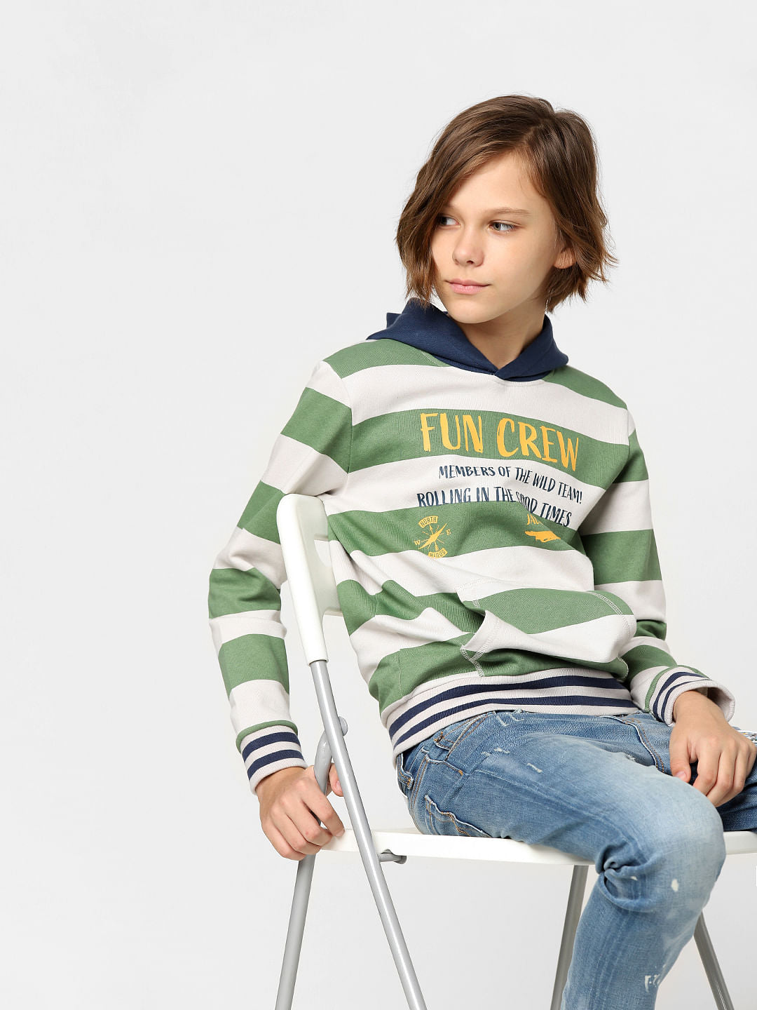 Boys Green Striped Hooded Sweatshirt - 4/5Y
