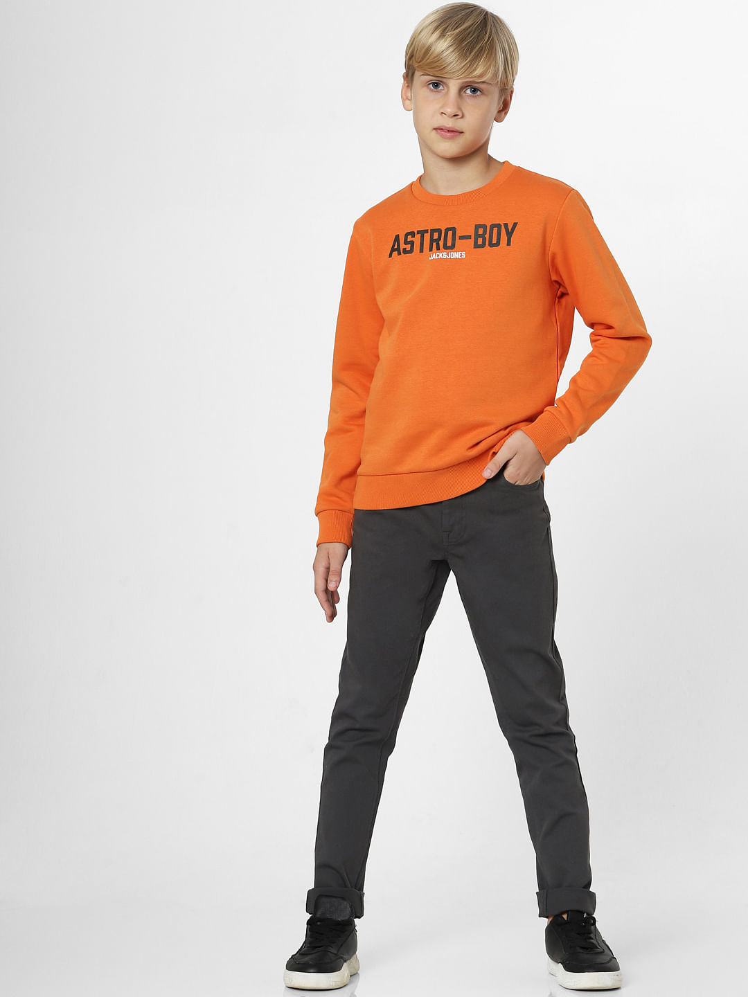 Boys Orange Text Print Sweatshirt