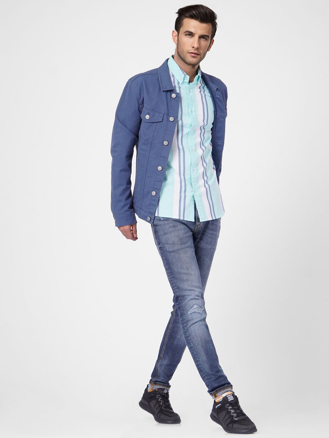Blue Striped Full Sleeves Shirt - S