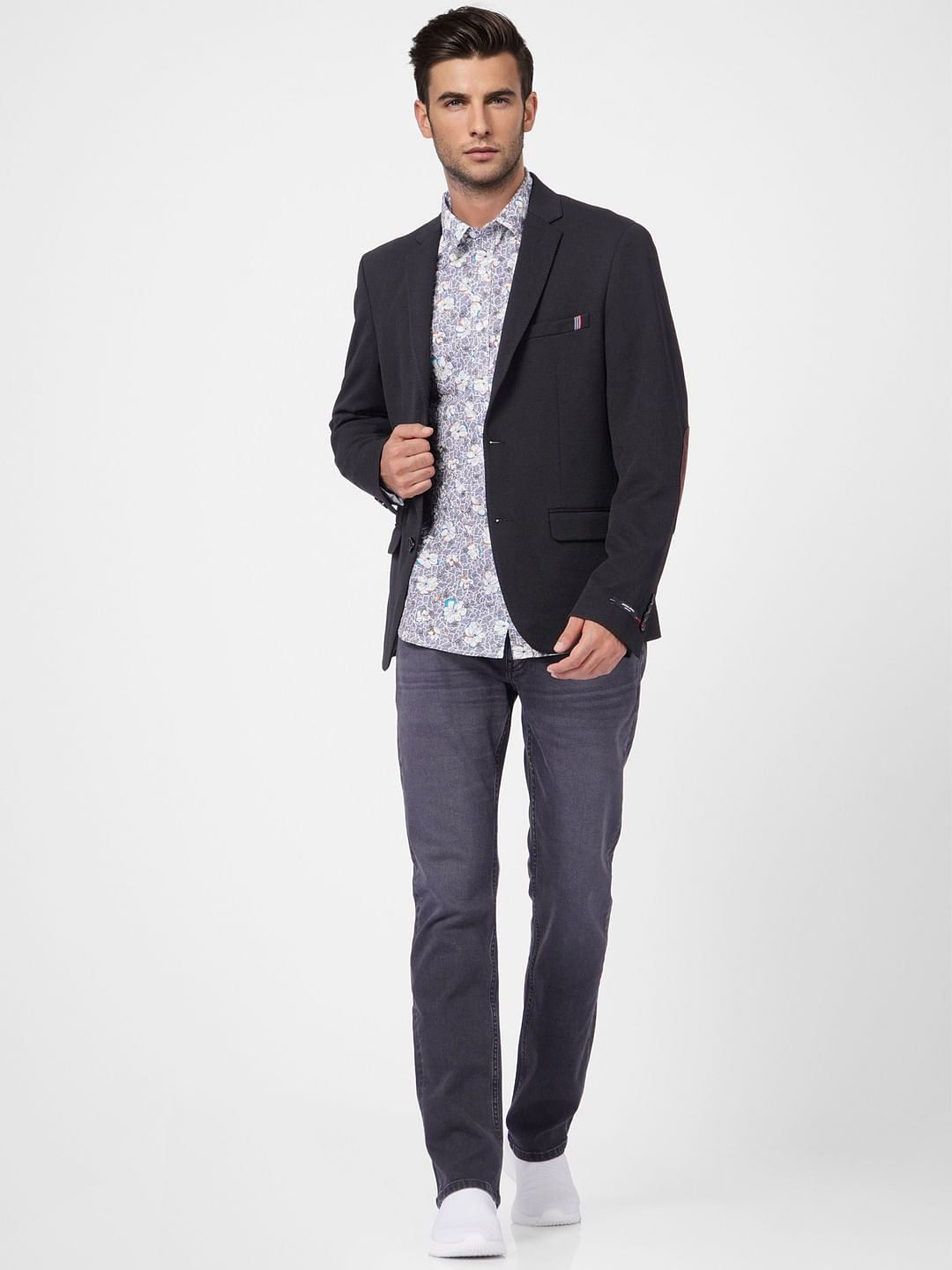Grey Floral Print Full Sleeves Shirt - S