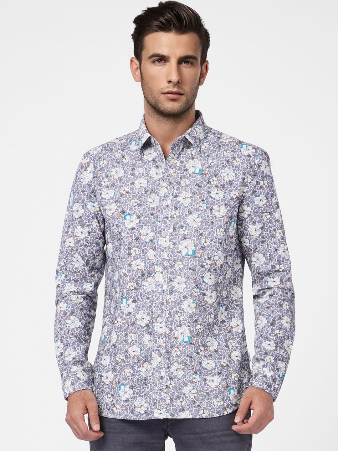 Grey Floral Print Full Sleeves Shirt
