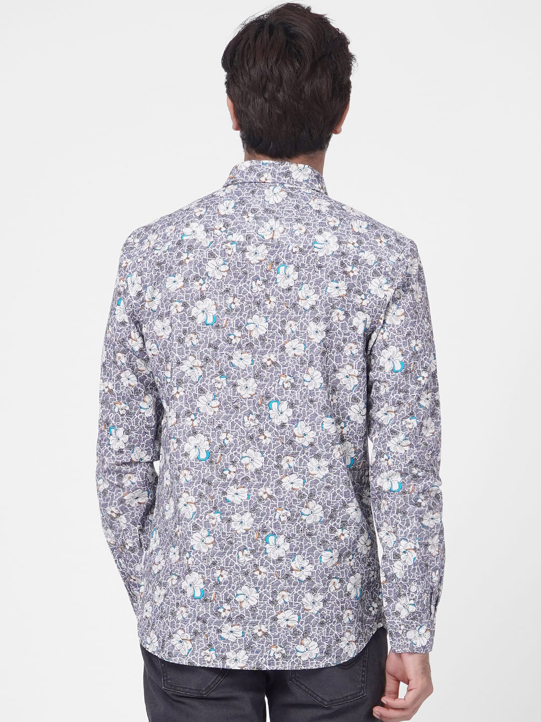 Grey Floral Print Full Sleeves Shirt