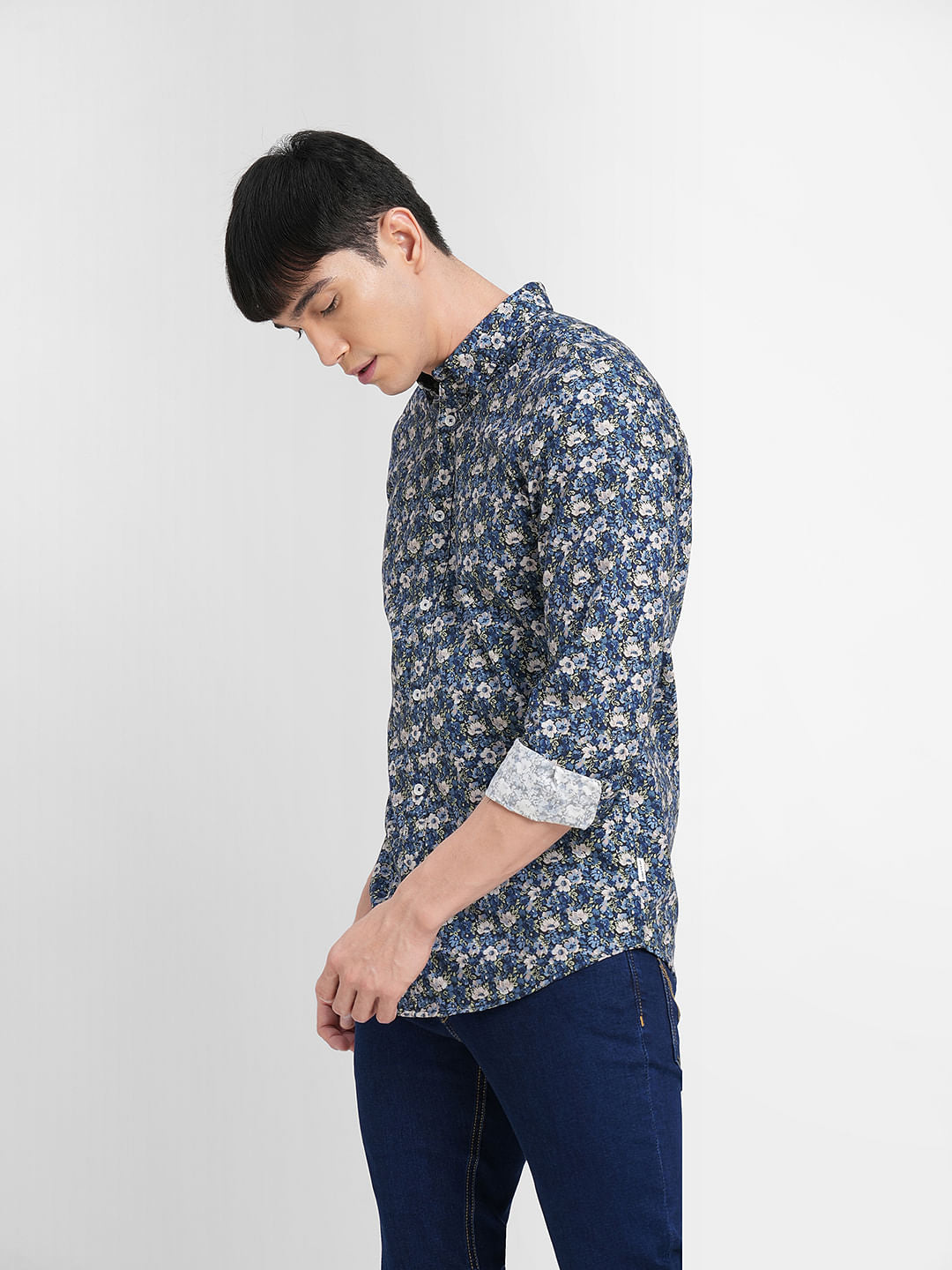 Blue Floral Print Full Sleeves Shirt