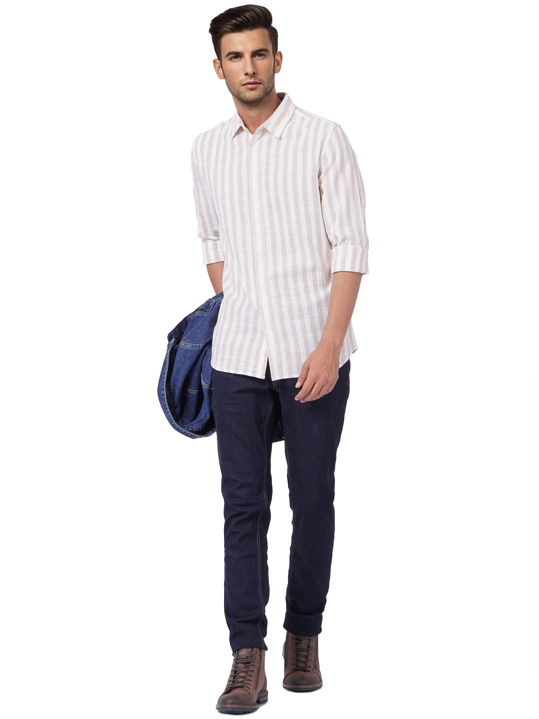 Beige Striped Full Sleeves Shirt - S