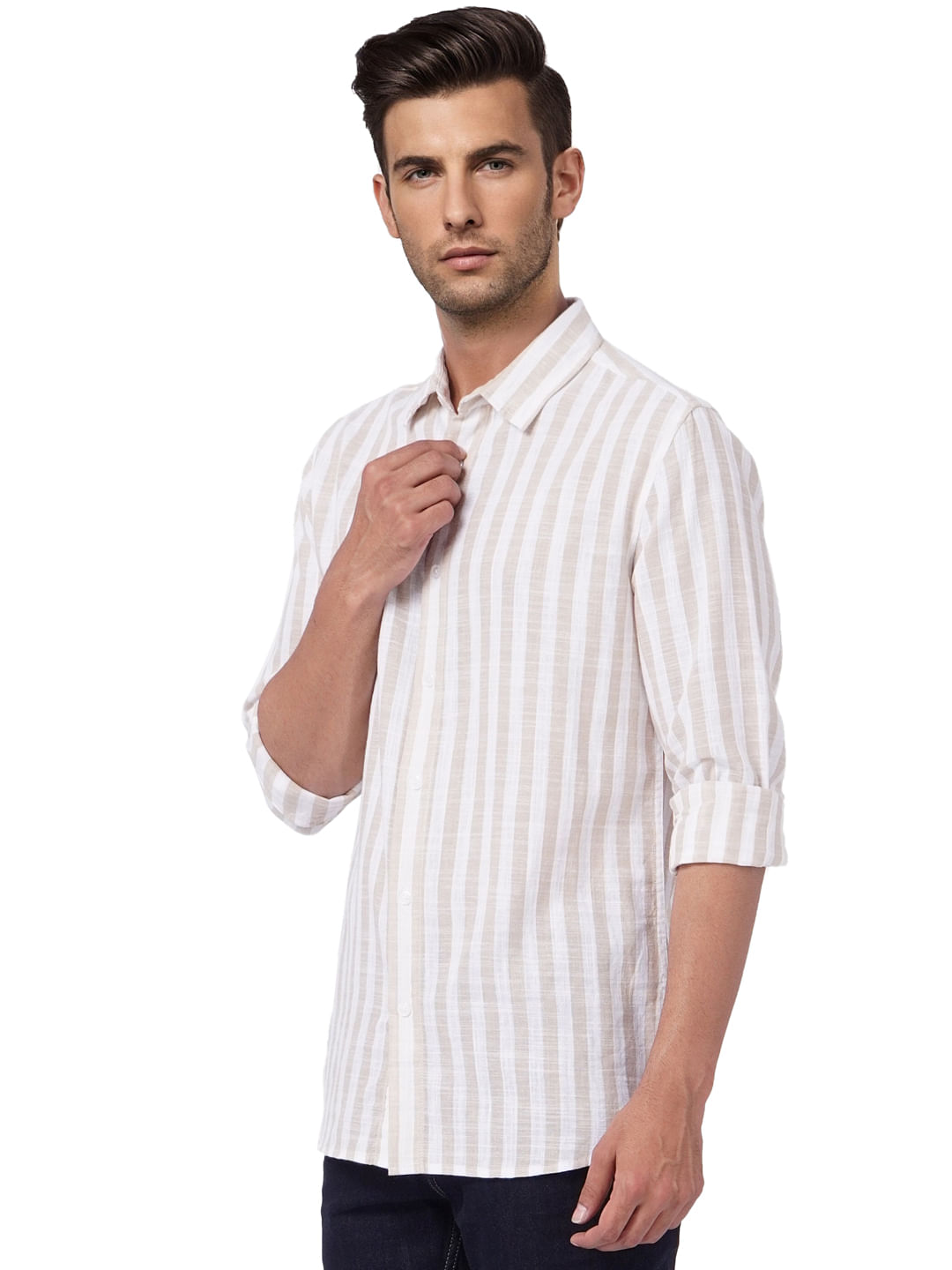 Beige Striped Full Sleeves Shirt