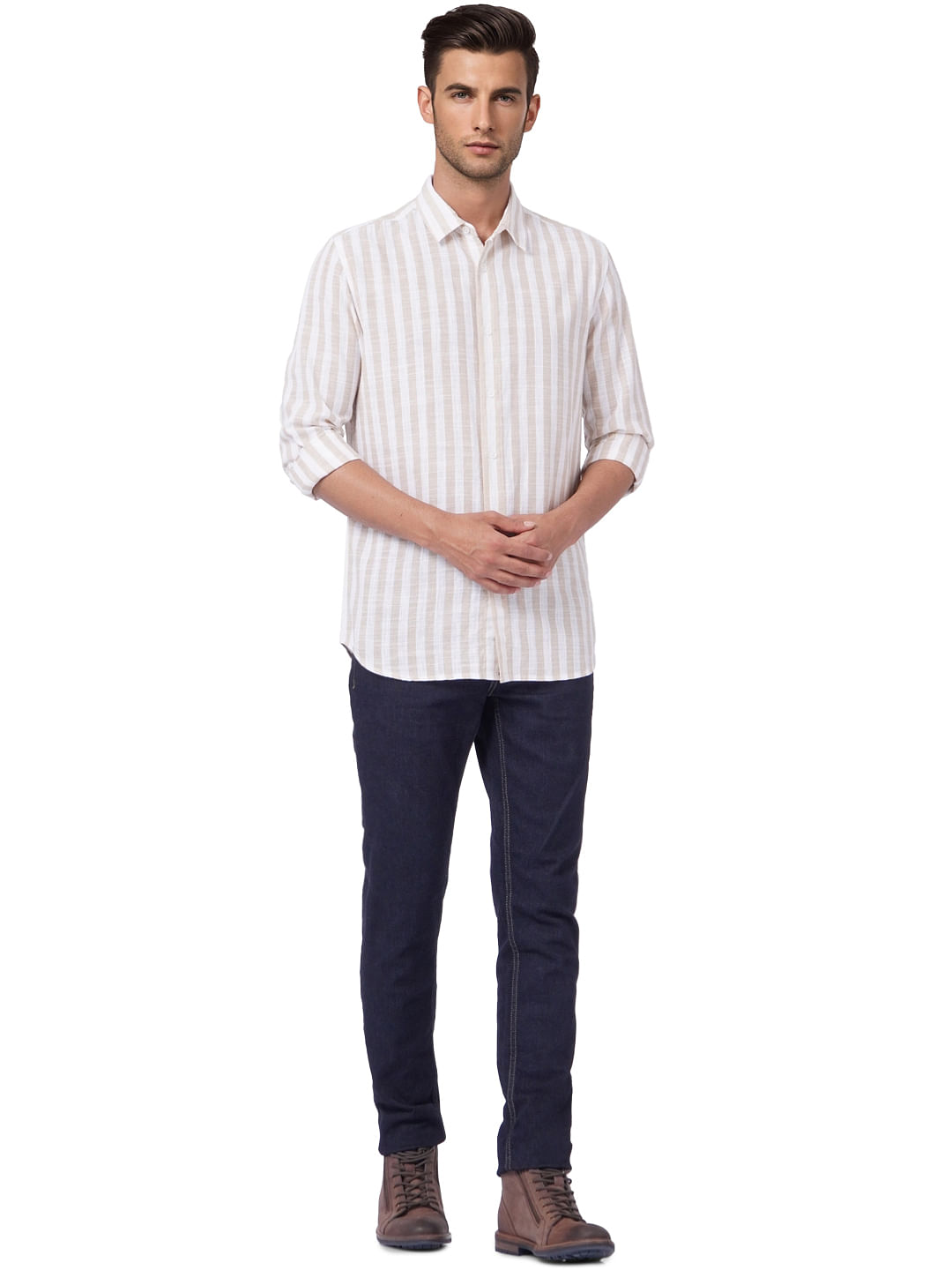 Beige Striped Full Sleeves Shirt