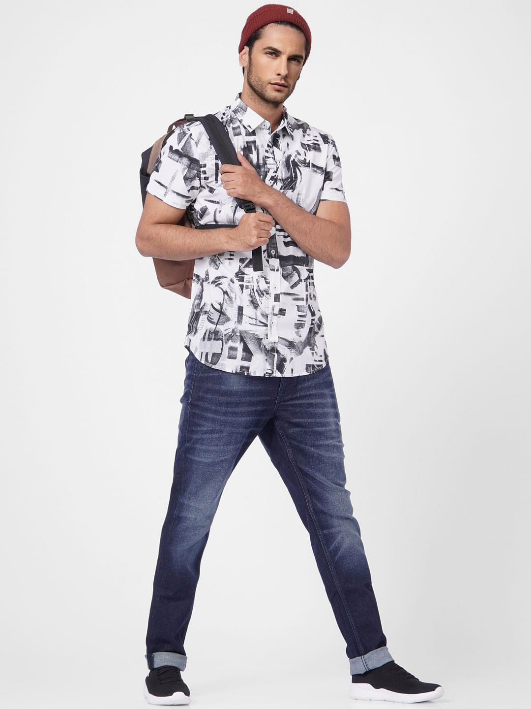 White Abstract Print Short Sleeves Shirt - S