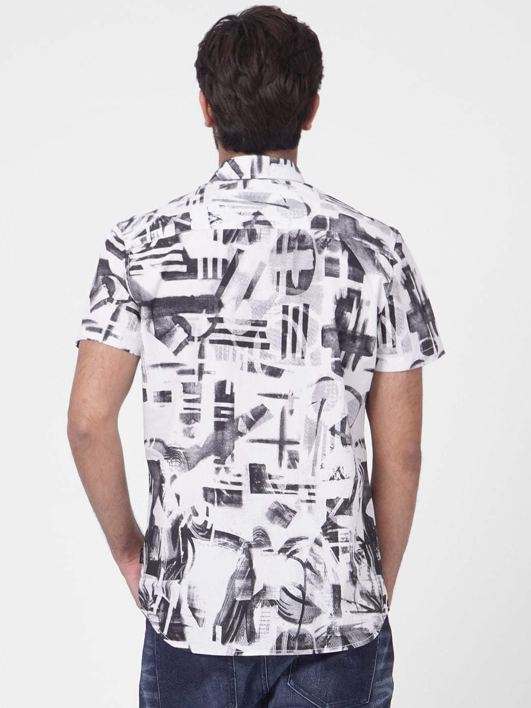 White Abstract Print Short Sleeves Shirt