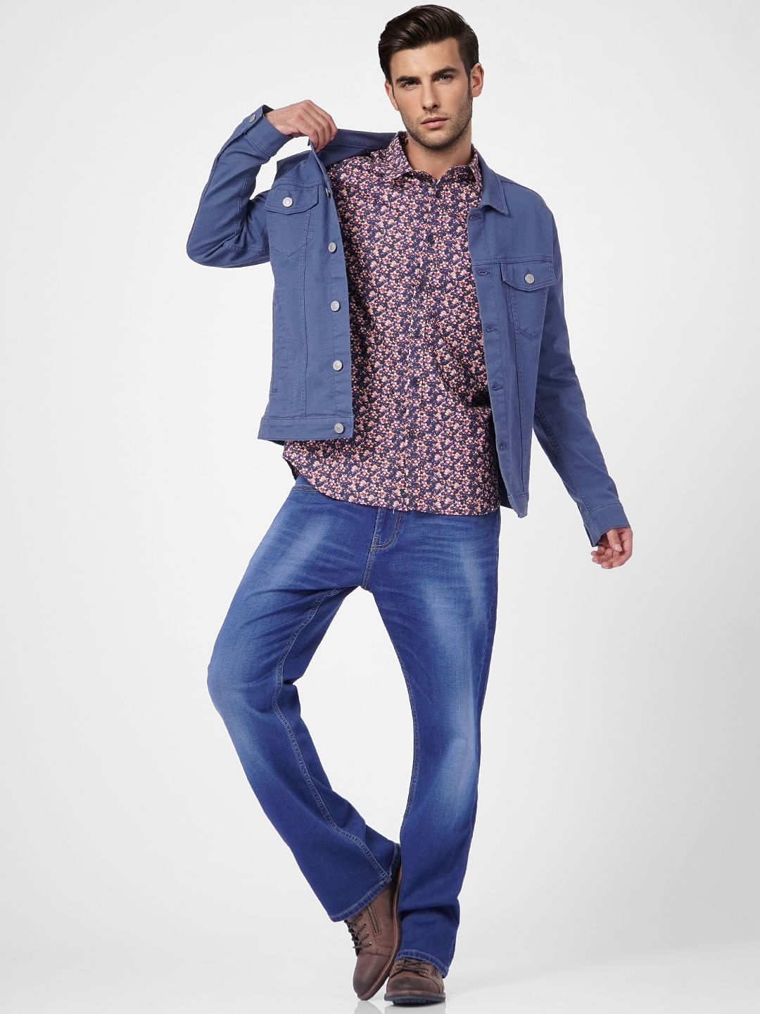 Dark Blue Floral Print Full Sleeves Shirt - S