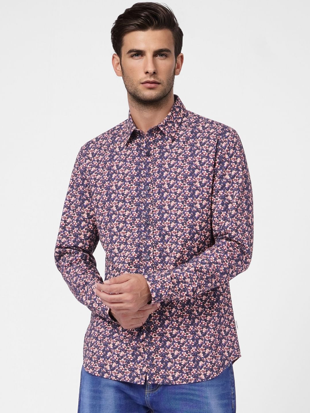 Dark Blue Floral Print Full Sleeves Shirt