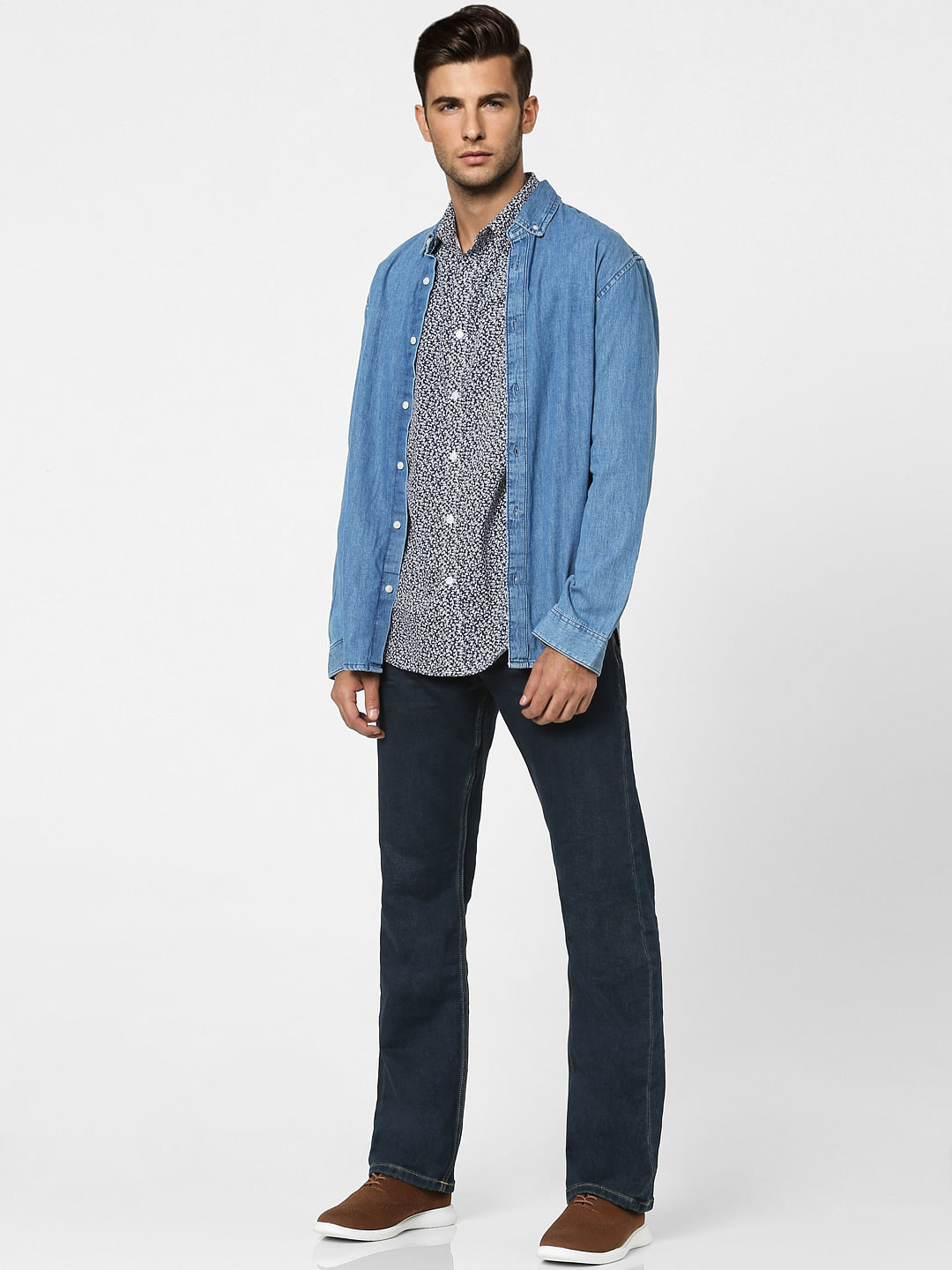 Blue Floral Print Full Sleeves Shirt - S