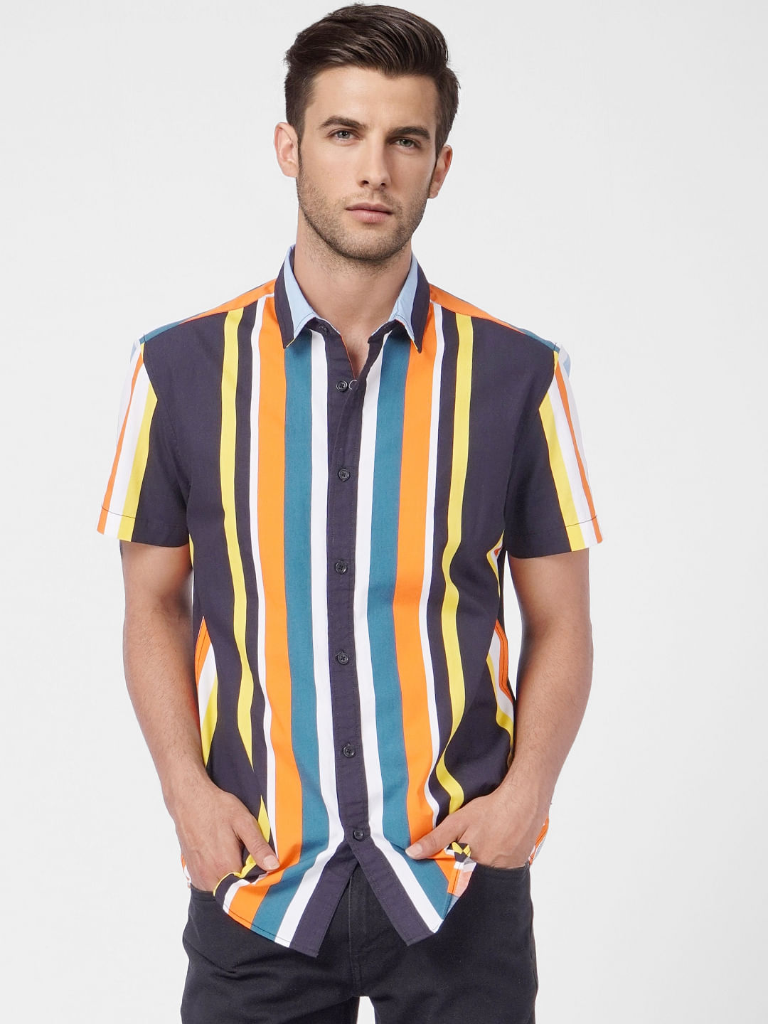 Yellow Striped Short Sleeves Shirt