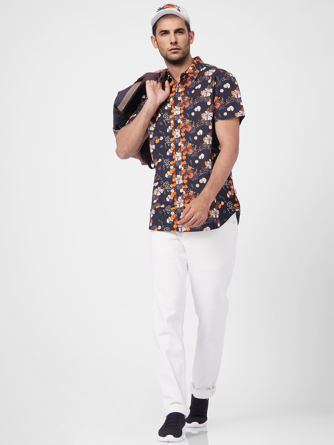 Black Floral Short Sleeves Shirt - S