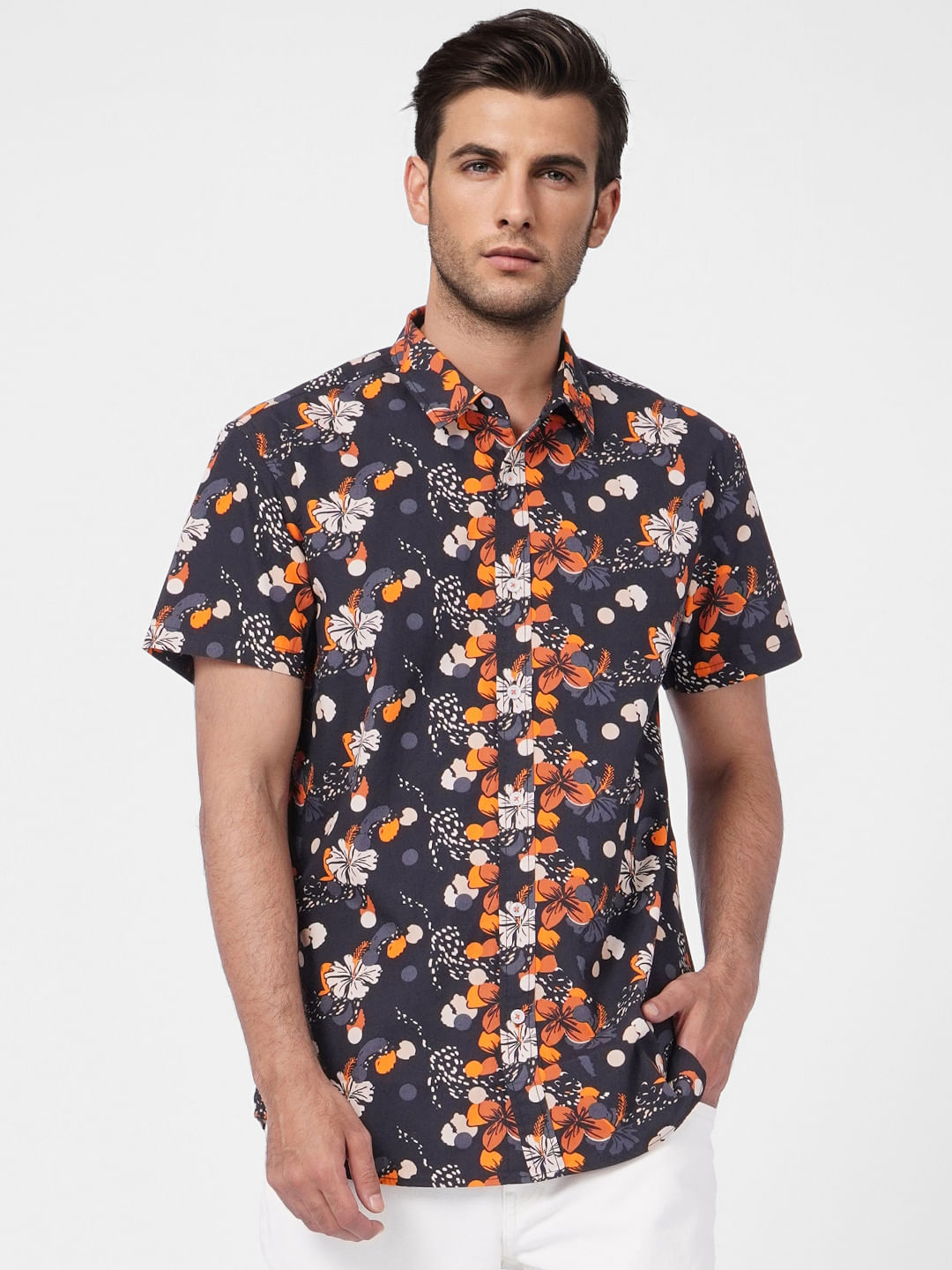 Black Floral Short Sleeves Shirt