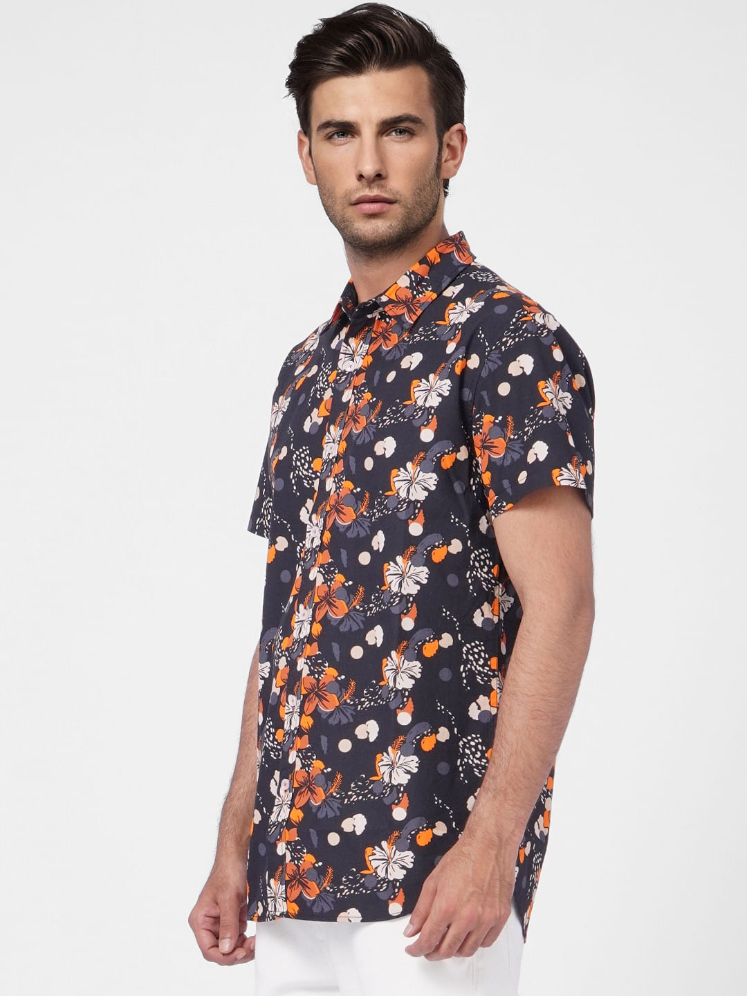 Black Floral Short Sleeves Shirt