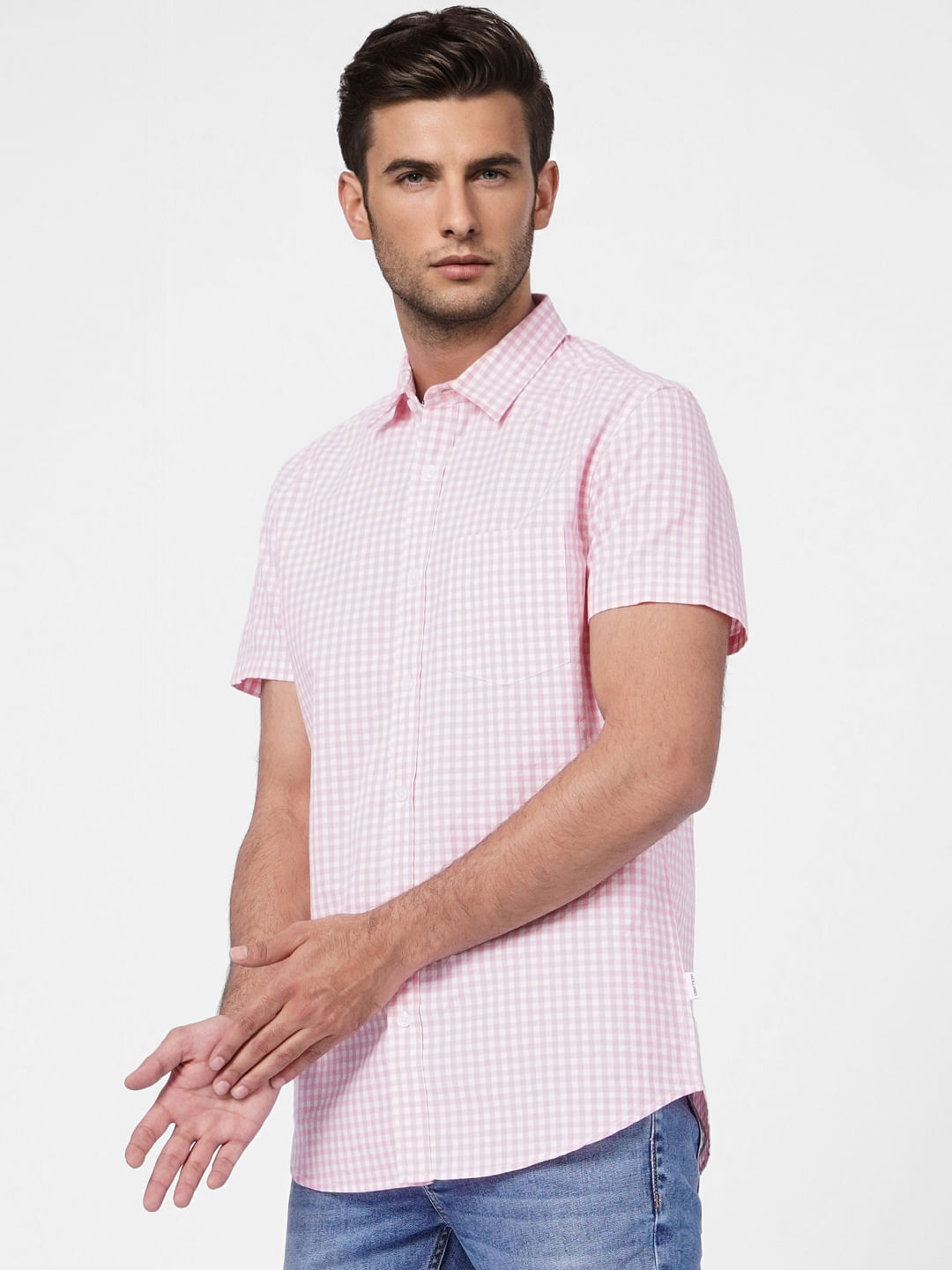 Pink Check Print Short Sleeves Shirt