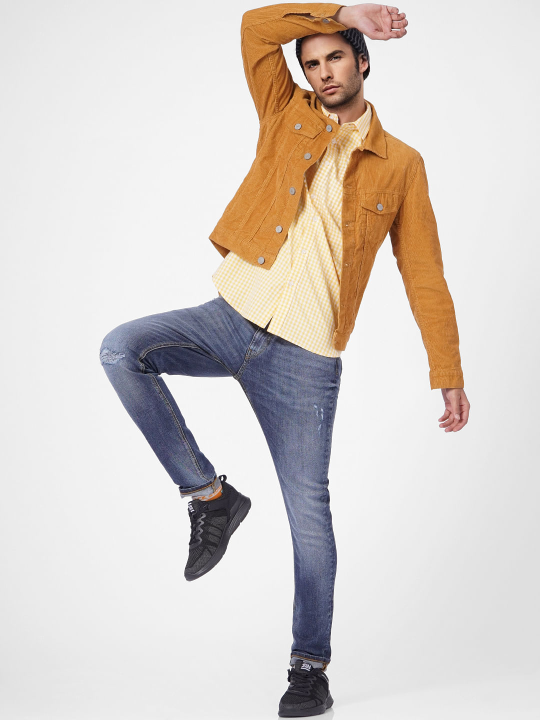 Yellow Check Print Short Sleeves Shirt - S