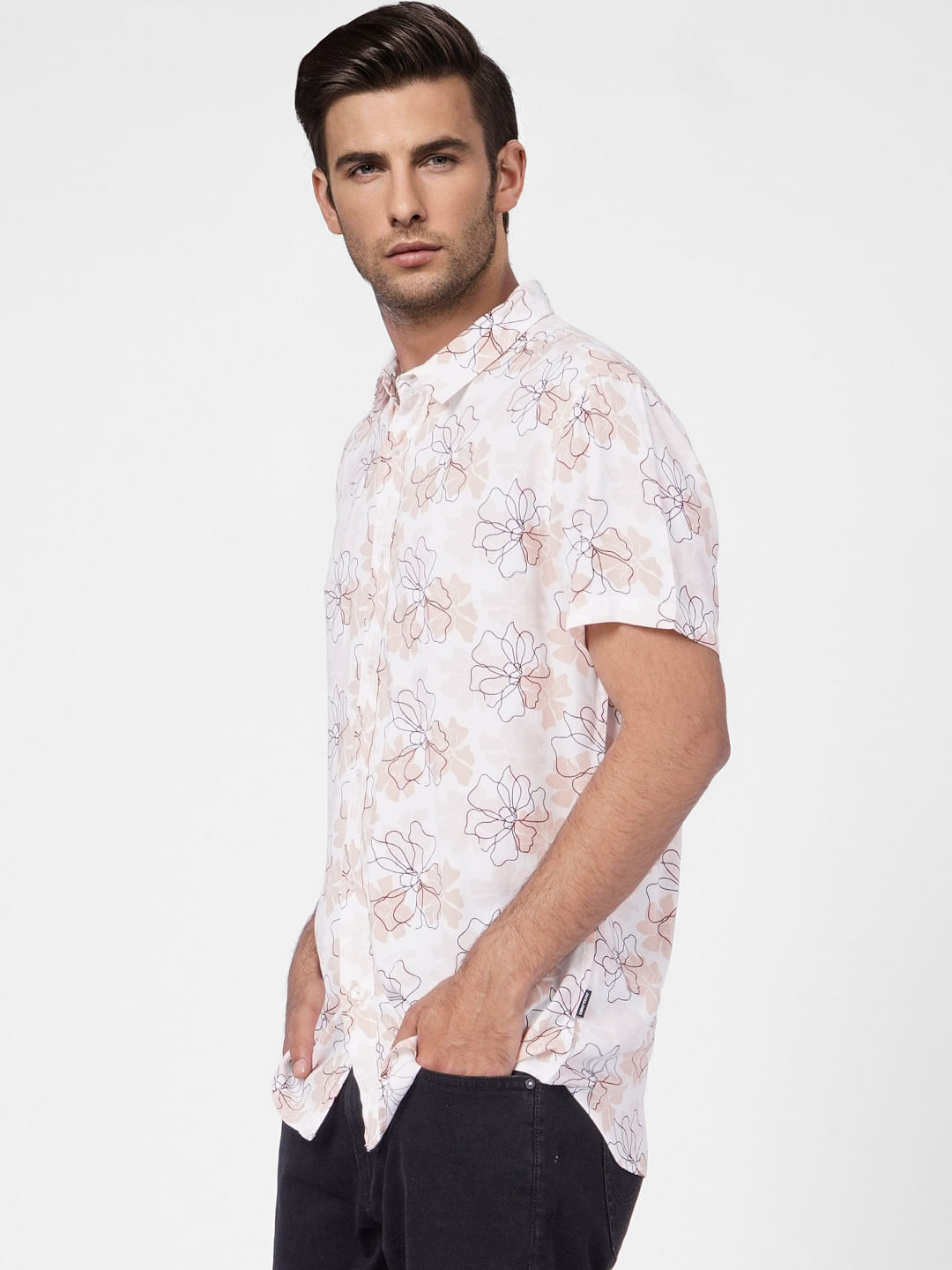 Beige Floral Short Sleeves Shirt