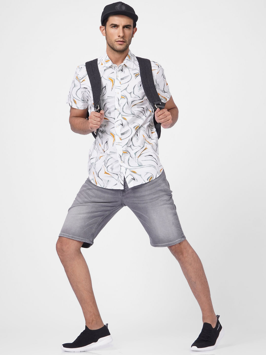 White Abstract Print Short Sleeves Shirt - S