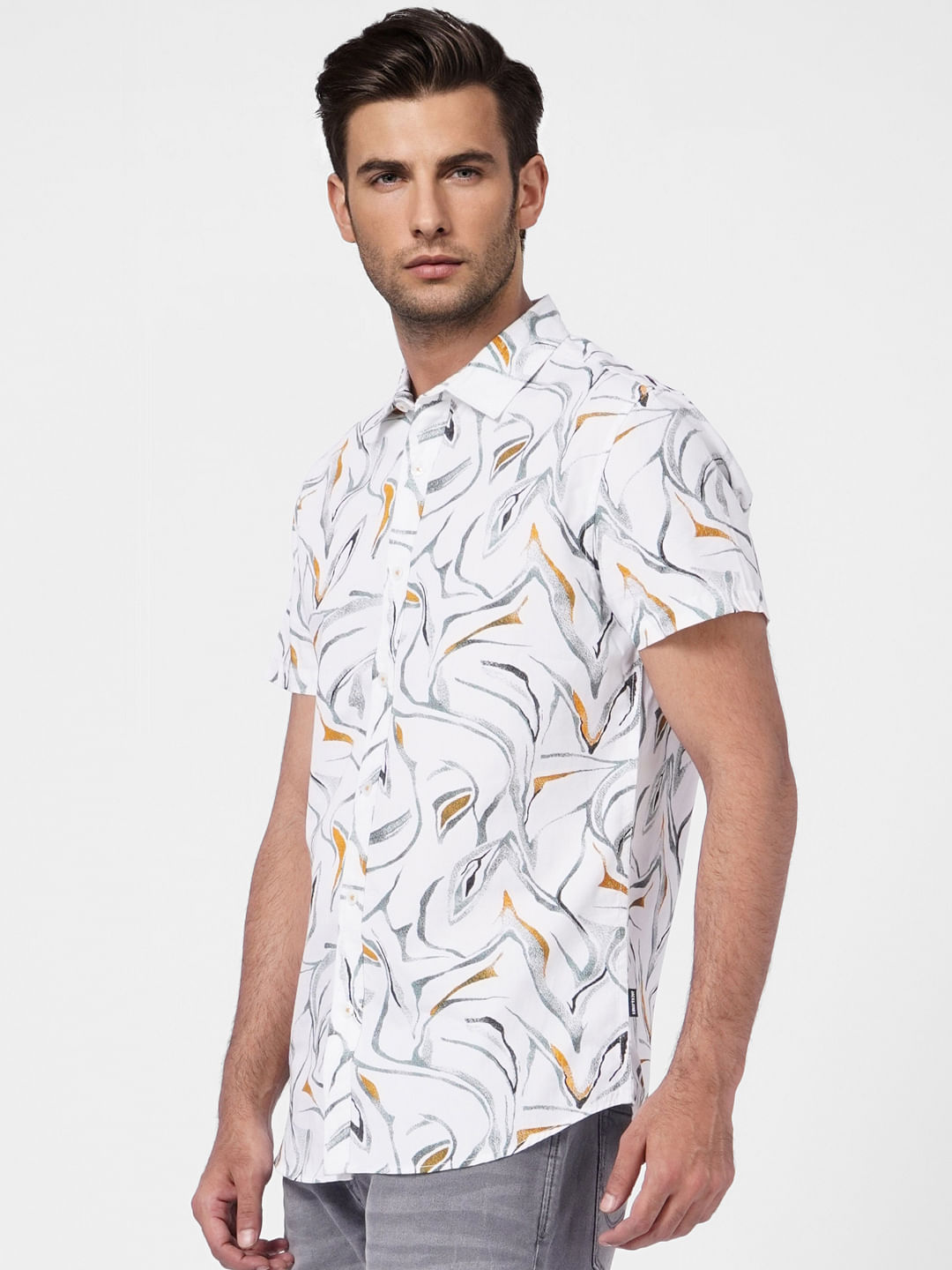 White Abstract Print Short Sleeves Shirt